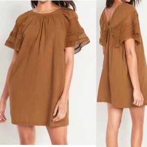 Old Navy Boho Mini Dress Medium Brown Flutter Sleeve Crochet Cottagecore